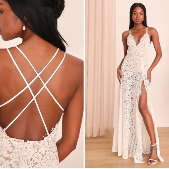 LULU's Sexy Romantic Flowy Eyelash Lace Bridal Shower Elopement Wedding Gown - Picture 1 of 4